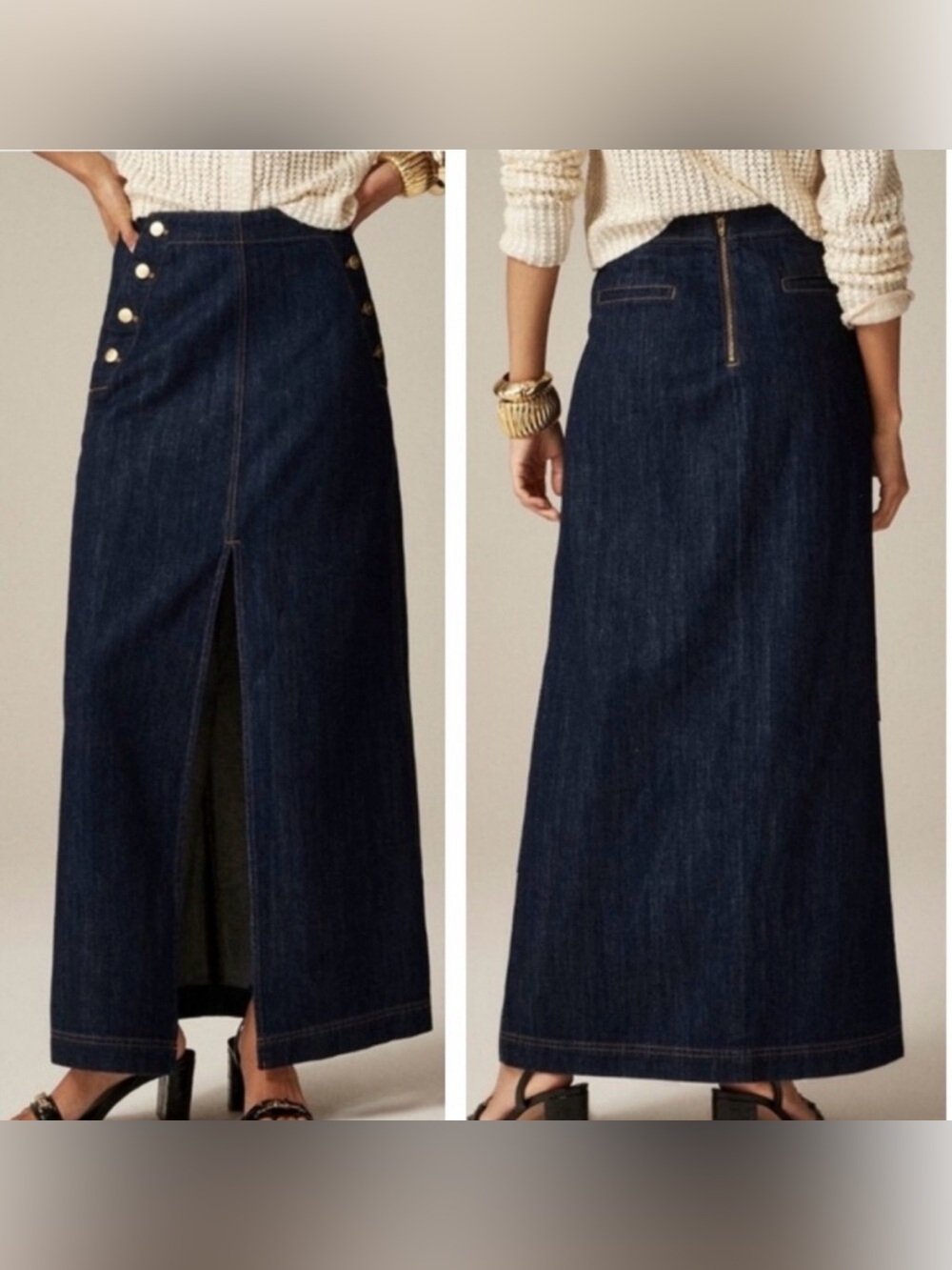 J. Crew Dark Blue Denim Maxi Skirt with Gold-Tone Buttons and Front Slit 31